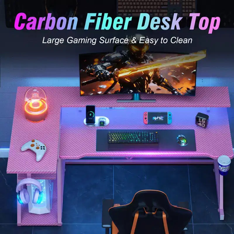 55 inch L Shaped Corner Gaming Desk Pink Computer Table with Monitor Stand 3 Tier Storage Shelves Modern Gamer Desk Carbon Fiber Space Saving Setup