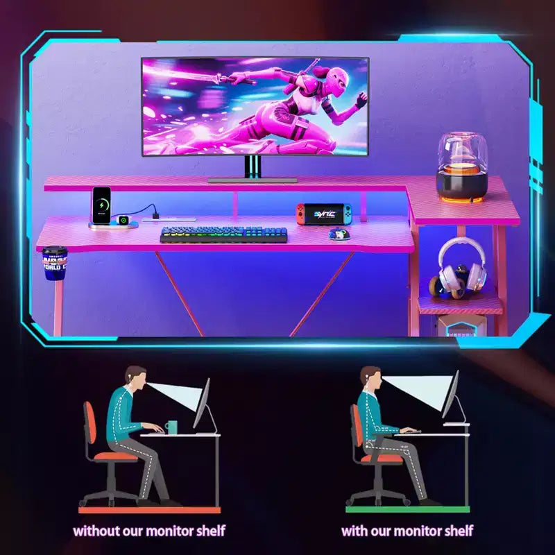55 inch L Shaped Corner Gaming Desk Pink Computer Table with Monitor Stand 3 Tier Storage Shelves Modern Gamer Desk Carbon Fiber Space Saving Setup