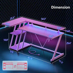 55 inch L Shaped Corner Gaming Desk Pink Computer Table with Monitor Stand 3 Tier Storage Shelves Modern Gamer Desk Carbon Fiber Space Saving Setup