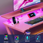 55 inch L Shaped Corner Gaming Desk Pink Computer Table with Monitor Stand 3 Tier Storage Shelves Modern Gamer Desk Carbon Fiber Space Saving Setup
