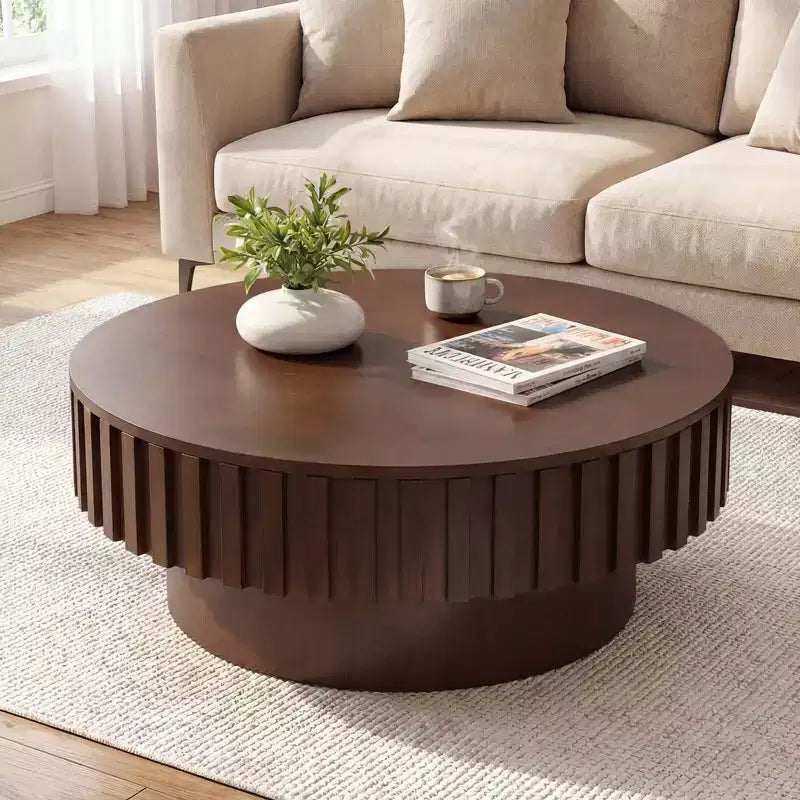Tavolino Rotondo da Caffè Costway con Contenitore, Tavolino a Tamburo in Legno con Scomparto Nascosto Noce/Naturale