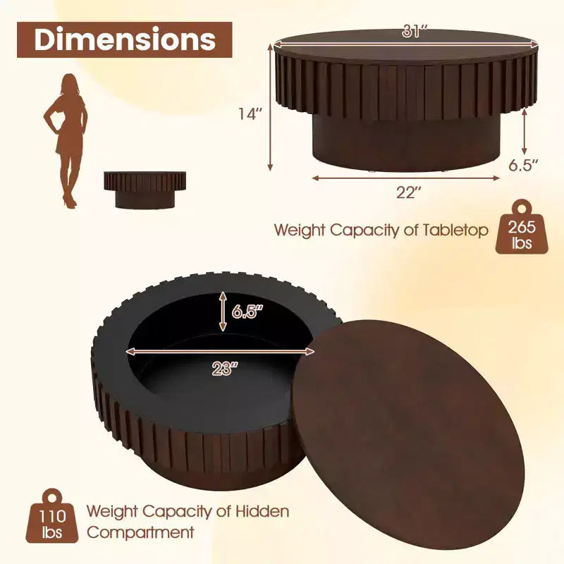 Tavolino Rotondo da Caffè Costway con Contenitore, Tavolino a Tamburo in Legno con Scomparto Nascosto Noce/Naturale