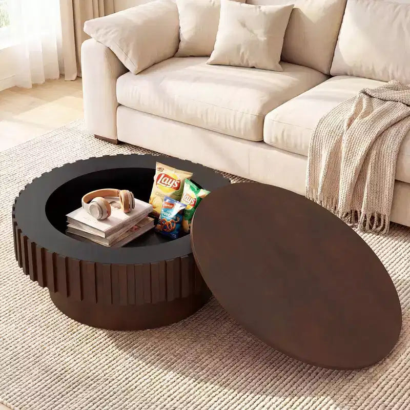 Tavolino Rotondo da Caffè Costway con Contenitore, Tavolino a Tamburo in Legno con Scomparto Nascosto Noce/Naturale