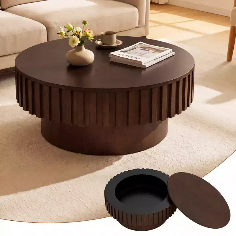 Tavolino Rotondo da Caffè Costway con Contenitore, Tavolino a Tamburo in Legno con Scomparto Nascosto Noce/Naturale