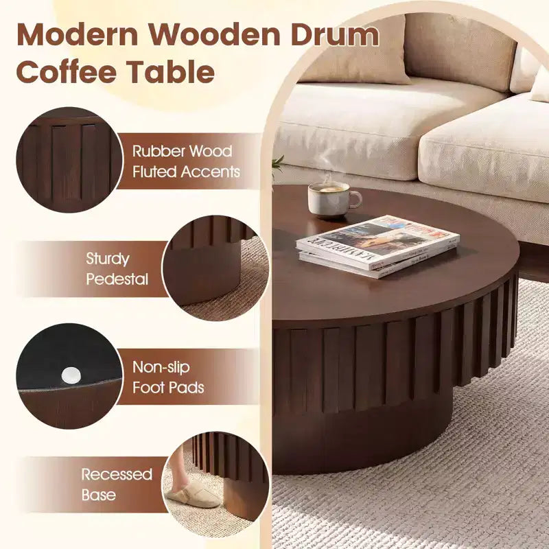 Tavolino Rotondo da Caffè Costway con Contenitore, Tavolino a Tamburo in Legno con Scomparto Nascosto Noce/Naturale