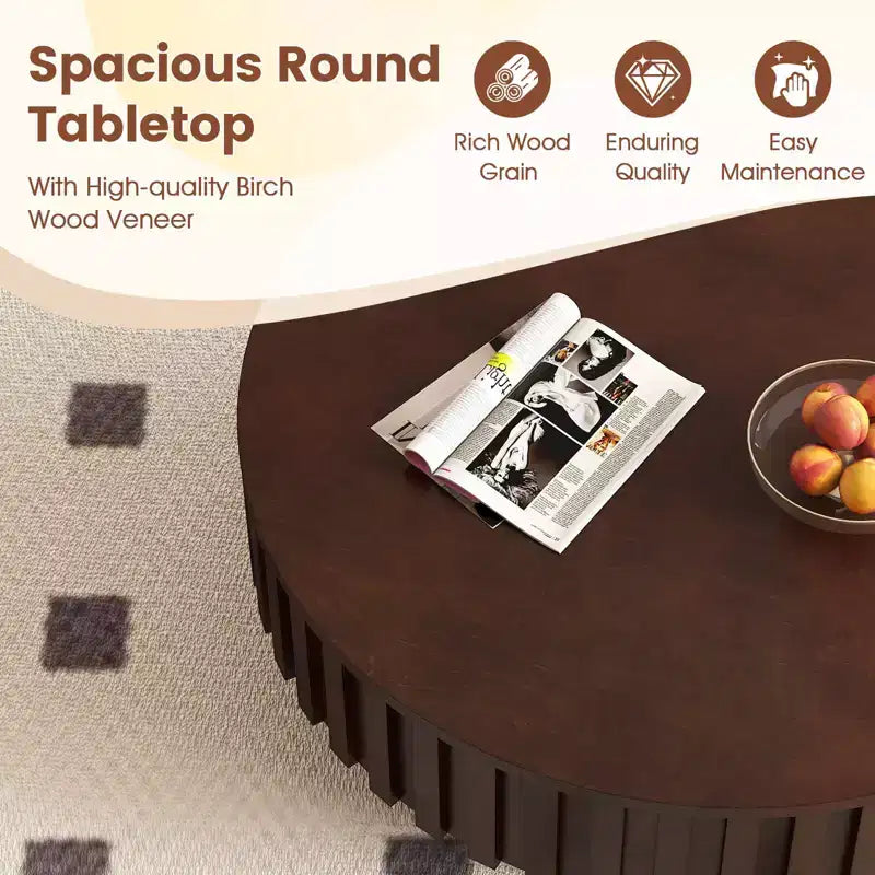 Tavolino Rotondo da Caffè Costway con Contenitore, Tavolino a Tamburo in Legno con Scomparto Nascosto Noce/Naturale