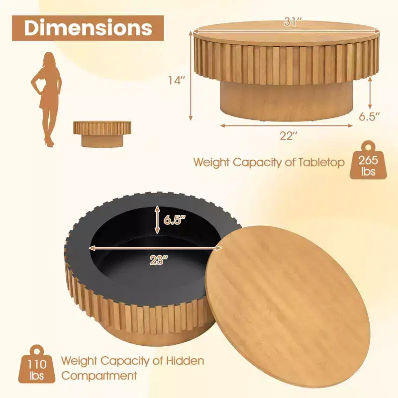Tavolino Rotondo da Caffè Costway con Contenitore, Tavolino a Tamburo in Legno con Scomparto Nascosto Noce/Naturale