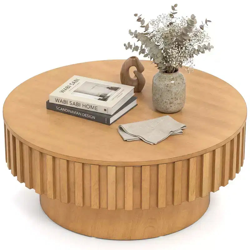 Tavolino Rotondo da Caffè Costway con Contenitore, Tavolino a Tamburo in Legno con Scomparto Nascosto Noce/Naturale