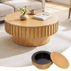 Tavolino Rotondo da Caffè Costway con Contenitore, Tavolino a Tamburo in Legno con Scomparto Nascosto Noce/Naturale