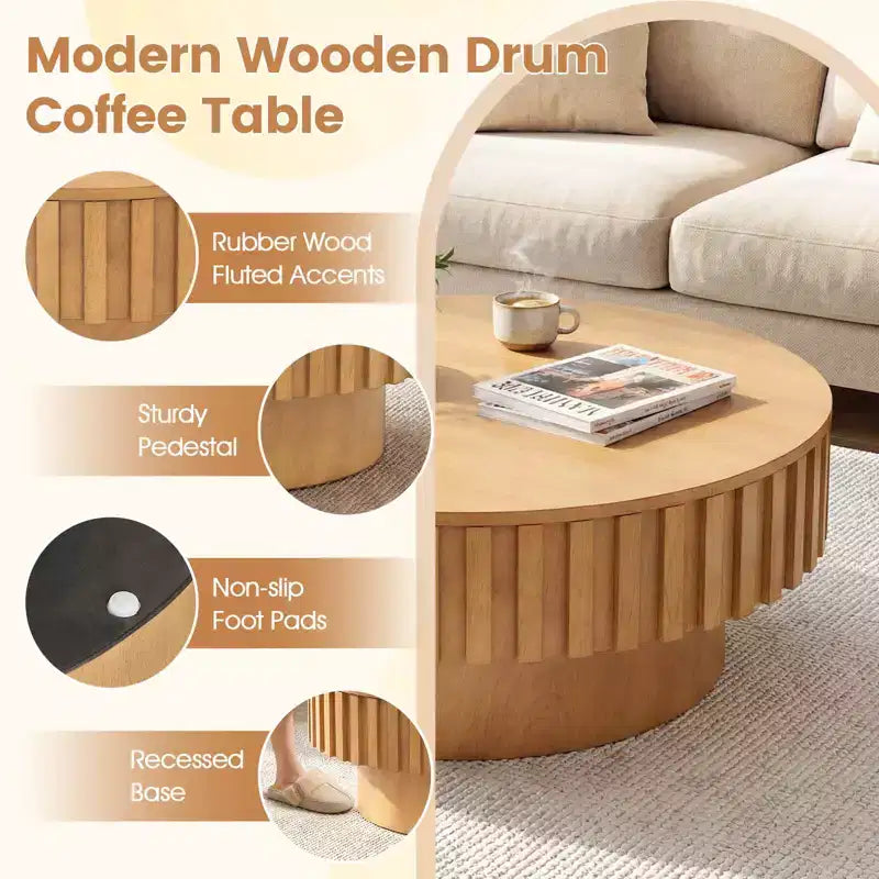 Tavolino Rotondo da Caffè Costway con Contenitore, Tavolino a Tamburo in Legno con Scomparto Nascosto Noce/Naturale