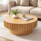 Costway Round Coffee Table with Storage, Wooden Drum Coffee Table with Hidden Compartment Walnut/Natural