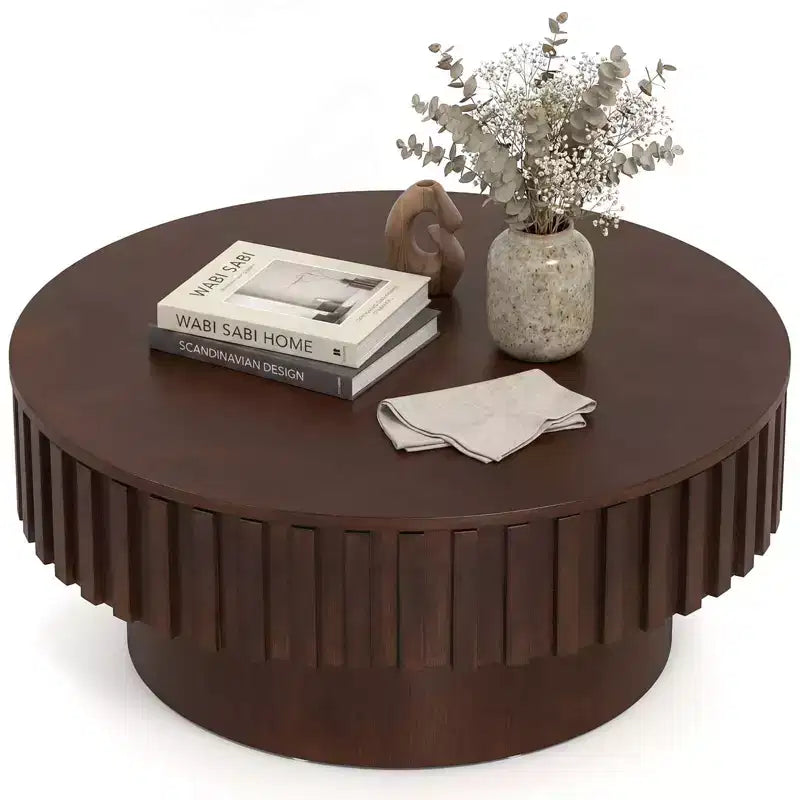 Costway Round Coffee Table with Storage, Wooden Drum Coffee Table with Hidden Compartment Walnut/Natural