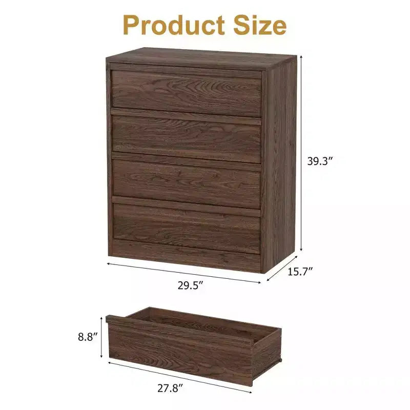 Acekool Cassettiera a 4 Cassetti per Camera da Letto, Mobile Contenitore in Legno con Ampi Cassetti, Comodino Tavolo per Soggiorno Ingresso, Noce