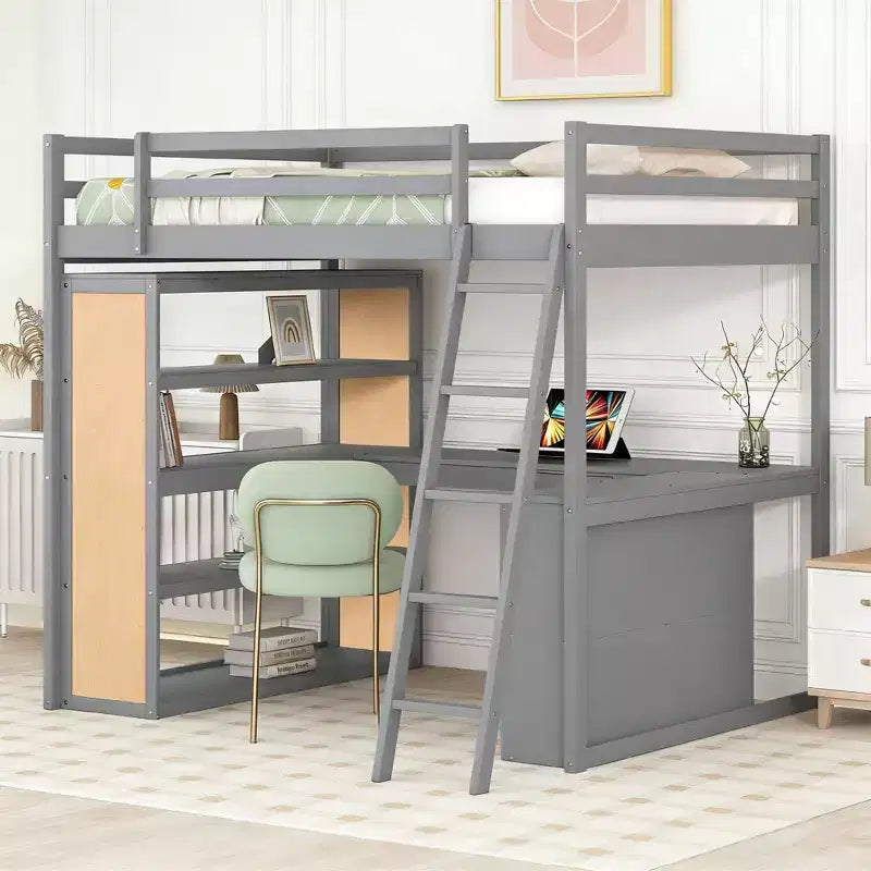 Luxystar Modern Loft Bed with Desk, 6 Shelves and Drawer