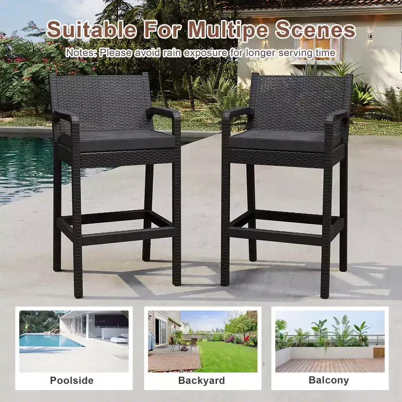 Set of 2 Outdoor Bar Stools, 30 Patio Wicker Bar Chairs with Cushions and Footrest, Bar Height Seating for Backyard, Garden, Poolside, Balcony, Deck