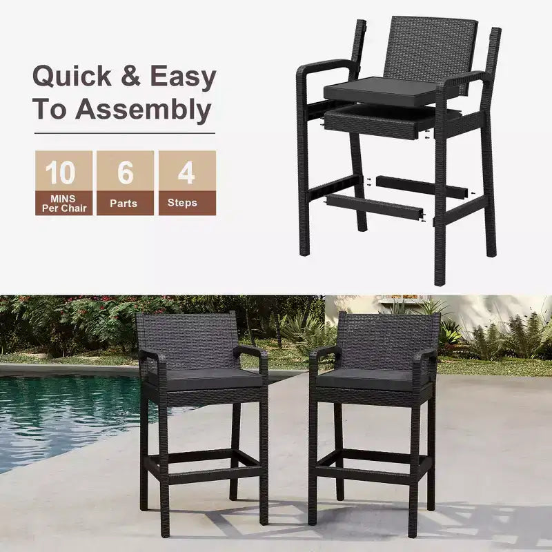 Set of 2 Outdoor Bar Stools, 30 Patio Wicker Bar Chairs with Cushions and Footrest, Bar Height Seating for Backyard, Garden, Poolside, Balcony, Deck