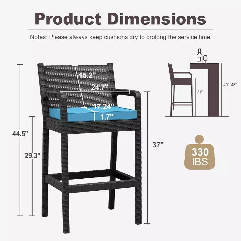 Set of 2 Outdoor Bar Stools, 30 Patio Wicker Bar Chairs with Cushions and Footrest, Bar Height Seating for Backyard, Garden, Poolside, Balcony, Deck