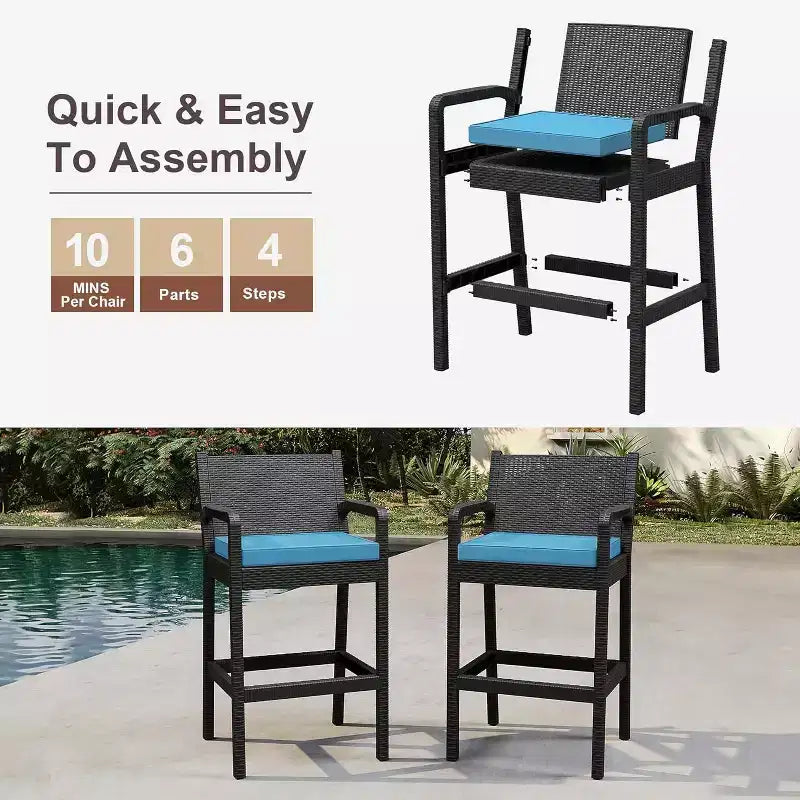 Set of 2 Outdoor Bar Stools, 30 Patio Wicker Bar Chairs with Cushions and Footrest, Bar Height Seating for Backyard, Garden, Poolside, Balcony, Deck