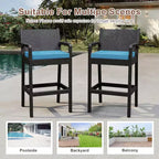 Set of 2 Outdoor Bar Stools, 30 Patio Wicker Bar Chairs with Cushions and Footrest, Bar Height Seating for Backyard, Garden, Poolside, Balcony, Deck