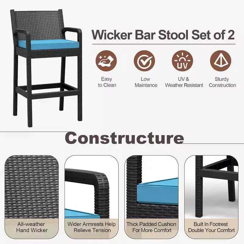Set of 2 Outdoor Bar Stools, 30 Patio Wicker Bar Chairs with Cushions and Footrest, Bar Height Seating for Backyard, Garden, Poolside, Balcony, Deck