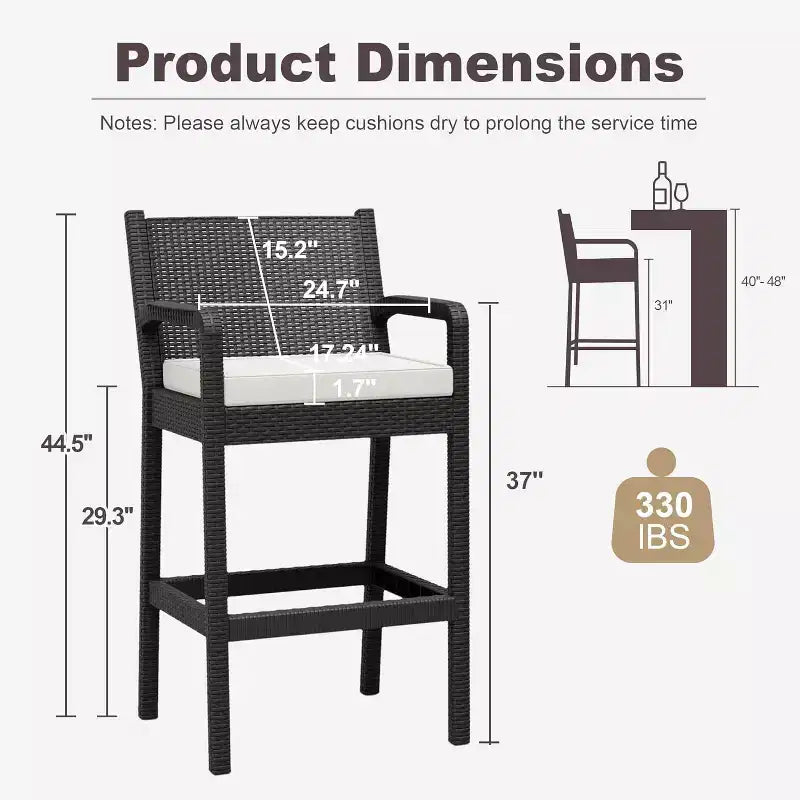 Set of 2 Outdoor Bar Stools, 30 Patio Wicker Bar Chairs with Cushions and Footrest, Bar Height Seating for Backyard, Garden, Poolside, Balcony, Deck