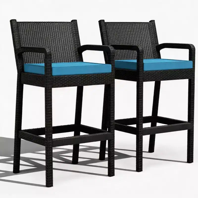 Set of 2 Outdoor Bar Stools, 30 Patio Wicker Bar Chairs with Cushions and Footrest, Bar Height Seating for Backyard, Garden, Poolside, Balcony, Deck