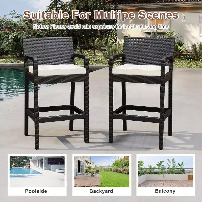 Set of 2 Outdoor Bar Stools, 30 Patio Wicker Bar Chairs with Cushions and Footrest, Bar Height Seating for Backyard, Garden, Poolside, Balcony, Deck