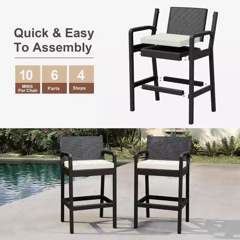 Set of 2 Outdoor Bar Stools, 30 Patio Wicker Bar Chairs with Cushions and Footrest, Bar Height Seating for Backyard, Garden, Poolside, Balcony, Deck
