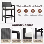 Set of 2 Outdoor Bar Stools, 30 Patio Wicker Bar Chairs with Cushions and Footrest, Bar Height Seating for Backyard, Garden, Poolside, Balcony, Deck