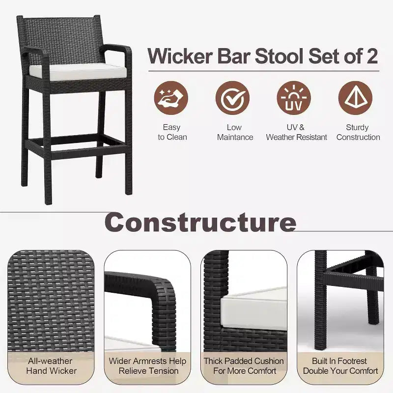 Set of 2 Outdoor Bar Stools, 30 Patio Wicker Bar Chairs with Cushions and Footrest, Bar Height Seating for Backyard, Garden, Poolside, Balcony, Deck