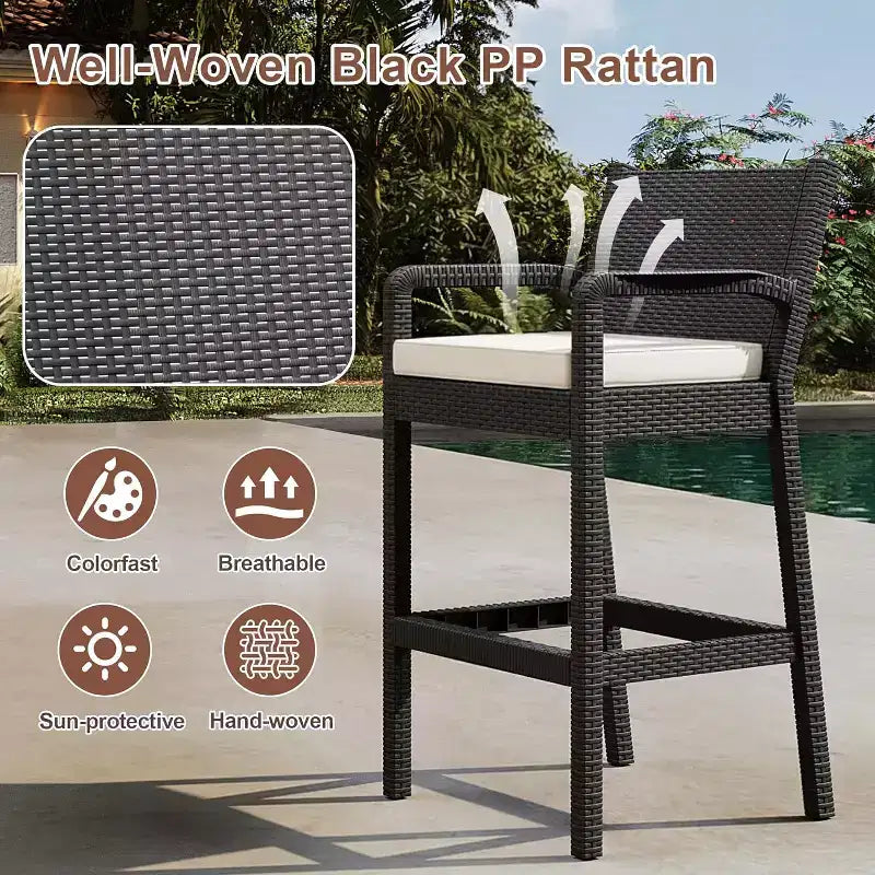 Set of 2 Outdoor Bar Stools, 30 Patio Wicker Bar Chairs with Cushions and Footrest, Bar Height Seating for Backyard, Garden, Poolside, Balcony, Deck