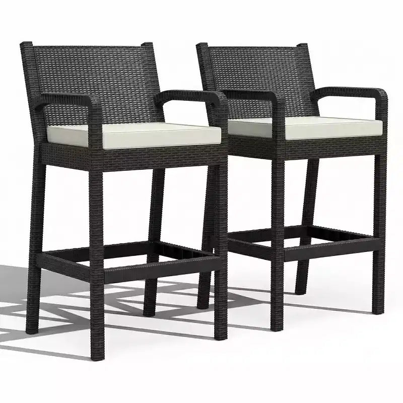Set of 2 Outdoor Bar Stools, 30 Patio Wicker Bar Chairs with Cushions and Footrest, Bar Height Seating for Backyard, Garden, Poolside, Balcony, Deck