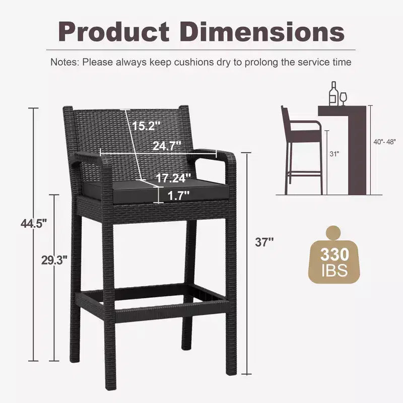 Set of 2 Outdoor Bar Stools, 30 Patio Wicker Bar Chairs with Cushions and Footrest, Bar Height Seating for Backyard, Garden, Poolside, Balcony, Deck
