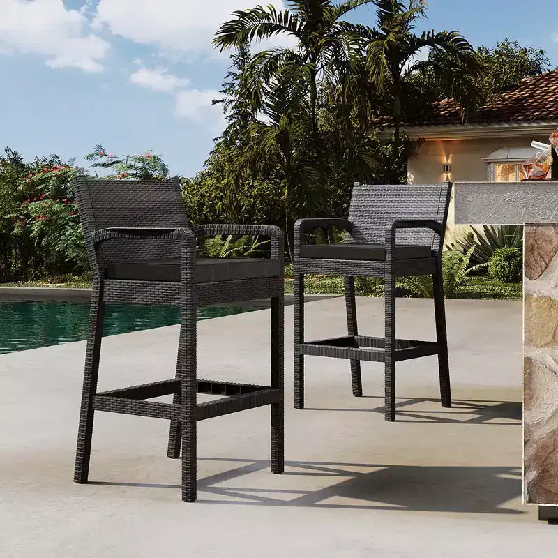 Set of 2 Outdoor Bar Stools, 30 Patio Wicker Bar Chairs with Cushions and Footrest, Bar Height Seating for Backyard, Garden, Poolside, Balcony, Deck