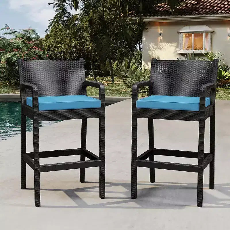 Set of 2 Outdoor Bar Stools, 30 Patio Wicker Bar Chairs with Cushions and Footrest, Bar Height Seating for Backyard, Garden, Poolside, Balcony, Deck