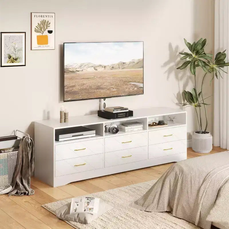Acekool Living Room Bedroom 6 Drawer TV Stand Dresser with Mount, Wood Media Console Storage Entertainment Center, Multiple Colors