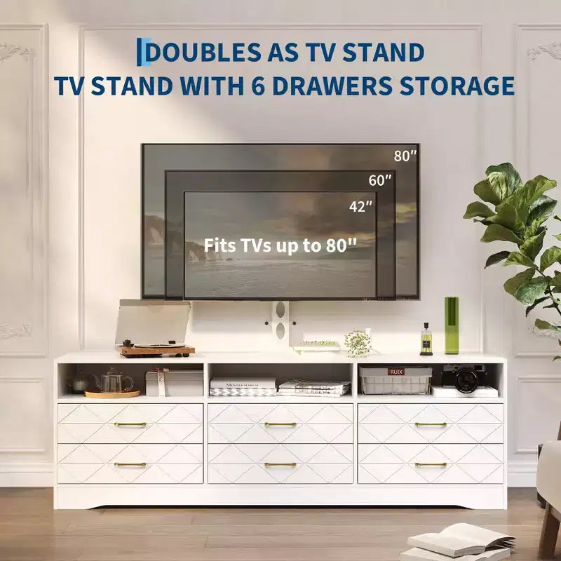Acekool Living Room Bedroom 6 Drawer TV Stand Dresser with Mount, Wood Media Console Storage Entertainment Center, Multiple Colors