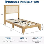 DobleePy Twin Size Square Rattan & Wood Platform Bed Frame, Natural Rattan Headboard, No Box Spring Needed, Easy Assembly