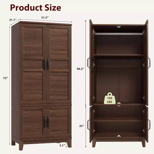 72 in Tall Wooden Armoire Wardrobe Closet with 4 Doors, Hanging Rod and Adjustable Shelves, Freestanding Clothing Storage Cabinet for Bedroom