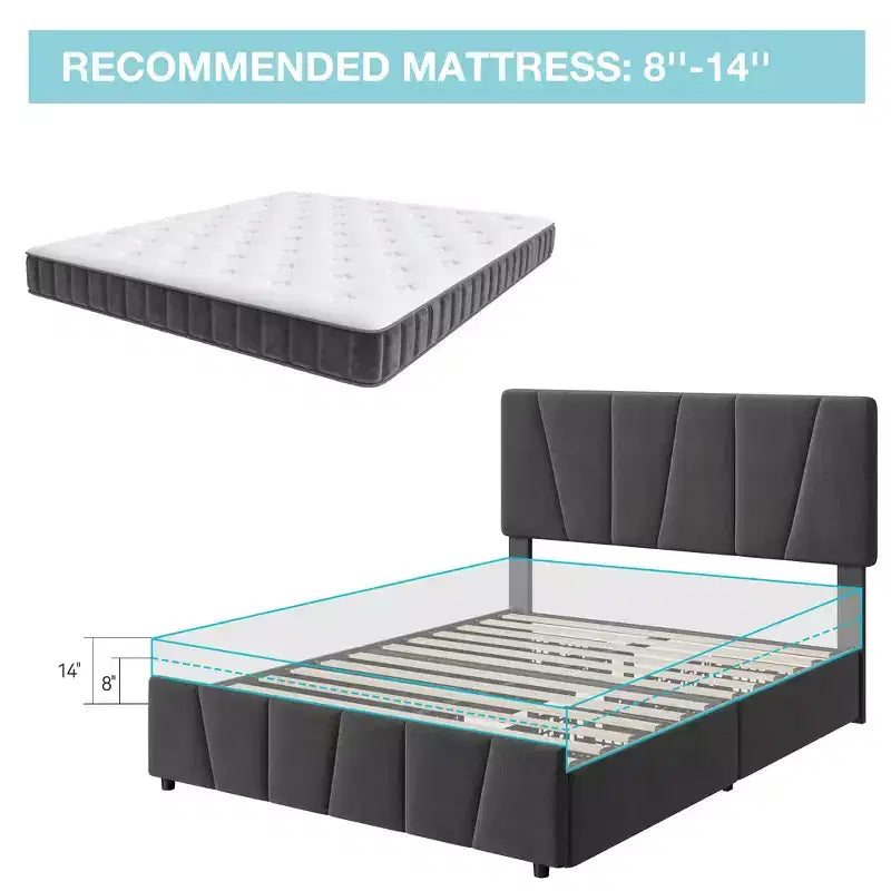 Upholstered Platform Bed Frame with Adjustable Headboard & Storage Drawers, Wood Slats, No Box Spring Needed, Modern Bedroom