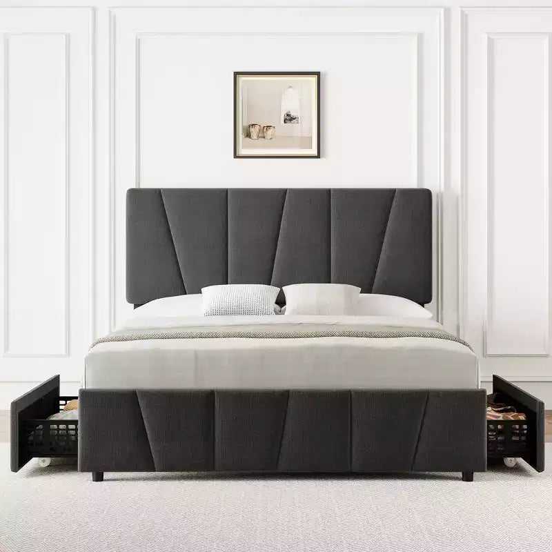 Upholstered Platform Bed Frame with Adjustable Headboard & Storage Drawers, Wood Slats, No Box Spring Needed, Modern Bedroom