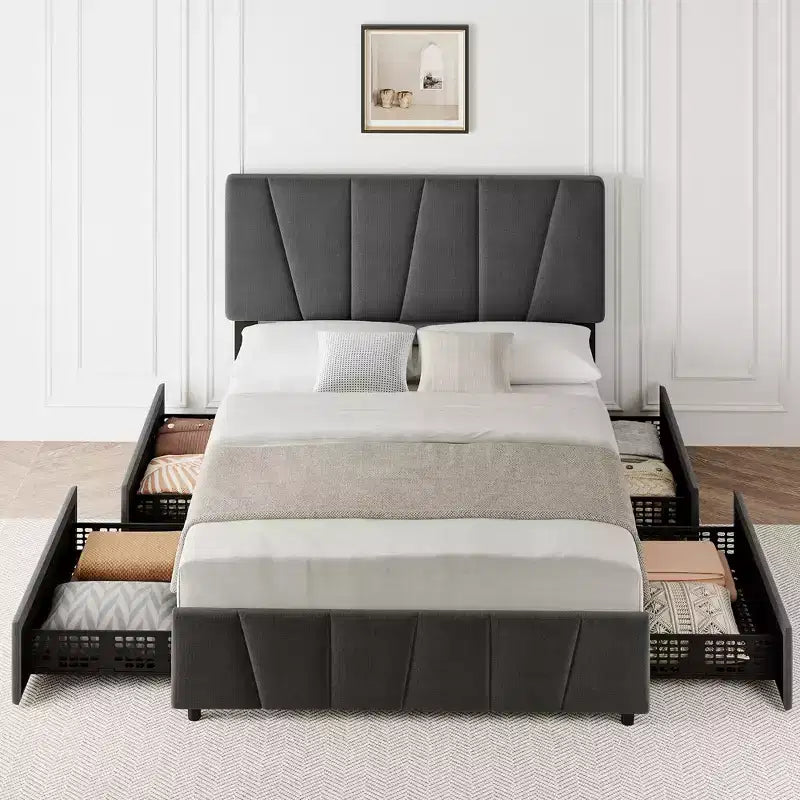 Upholstered Platform Bed Frame with Adjustable Headboard & Storage Drawers, Wood Slats, No Box Spring Needed, Modern Bedroom