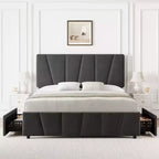 Upholstered Platform Bed Frame with Adjustable Headboard & Storage Drawers, Wood Slats, No Box Spring Needed, Modern Bedroom