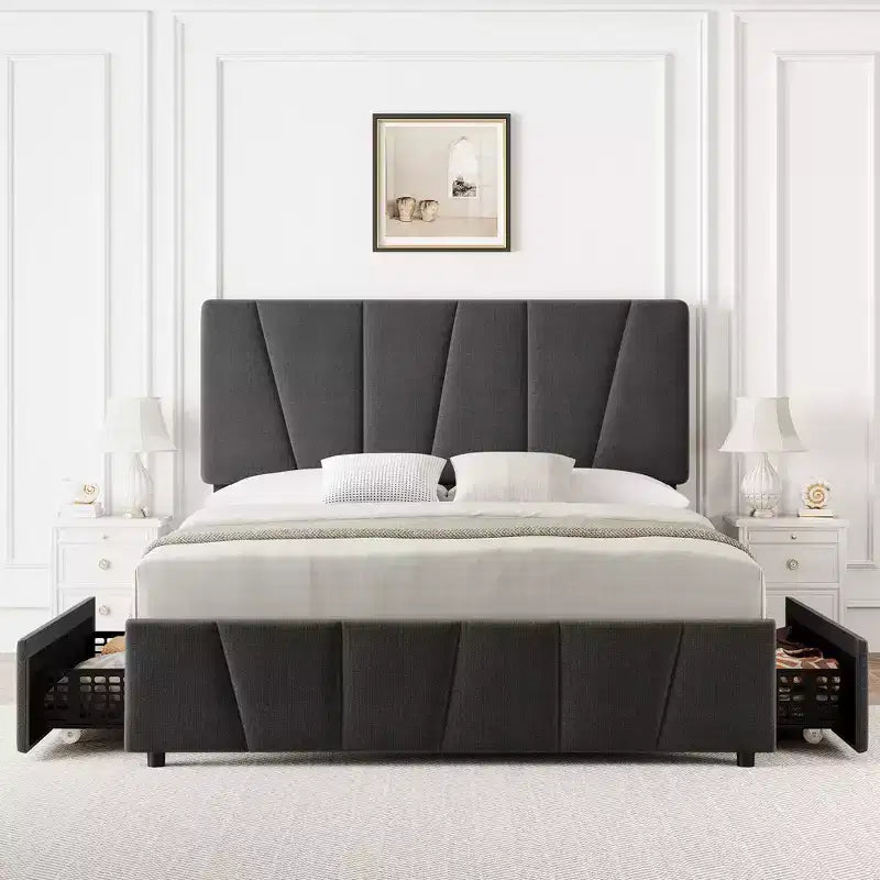 Upholstered Platform Bed Frame with Adjustable Headboard & Storage Drawers, Wood Slats, No Box Spring Needed, Modern Bedroom