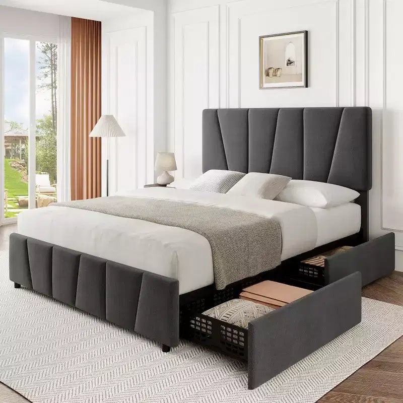 Upholstered Platform Bed Frame with Adjustable Headboard & Storage Drawers, Wood Slats, No Box Spring Needed, Modern Bedroom