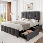 Upholstered Platform Bed Frame with Adjustable Headboard & Storage Drawers, Wood Slats, No Box Spring Needed, Modern Bedroom