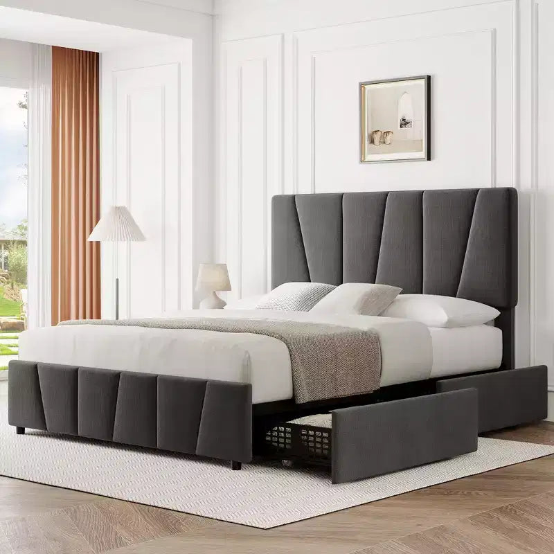 Upholstered Platform Bed Frame with Adjustable Headboard & Storage Drawers, Wood Slats, No Box Spring Needed, Modern Bedroom