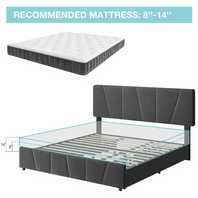Upholstered Platform Bed Frame with Adjustable Headboard & Storage Drawers, Wood Slats, No Box Spring Needed, Modern Bedroom