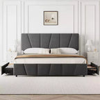 Upholstered Platform Bed Frame with Adjustable Headboard & Storage Drawers, Wood Slats, No Box Spring Needed, Modern Bedroom