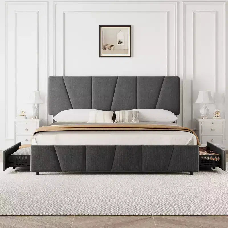 Upholstered Platform Bed Frame with Adjustable Headboard & Storage Drawers, Wood Slats, No Box Spring Needed, Modern Bedroom